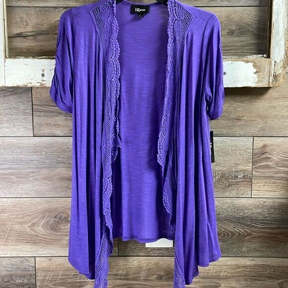 IZ Byer Ladies Cardigan,Size Small,Purple with Crocheted Trim, NWT New with Tags - Picture 2 of 6